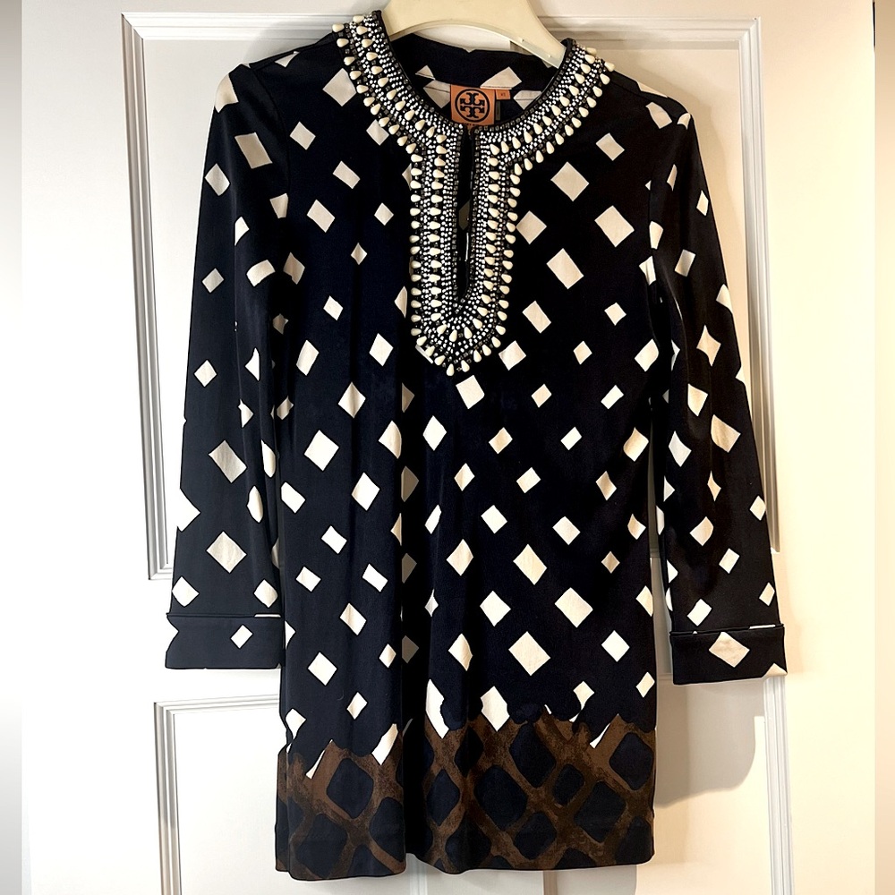 Tory Burch Navy Silk Beaded V Neck Long Sleeve Blouse